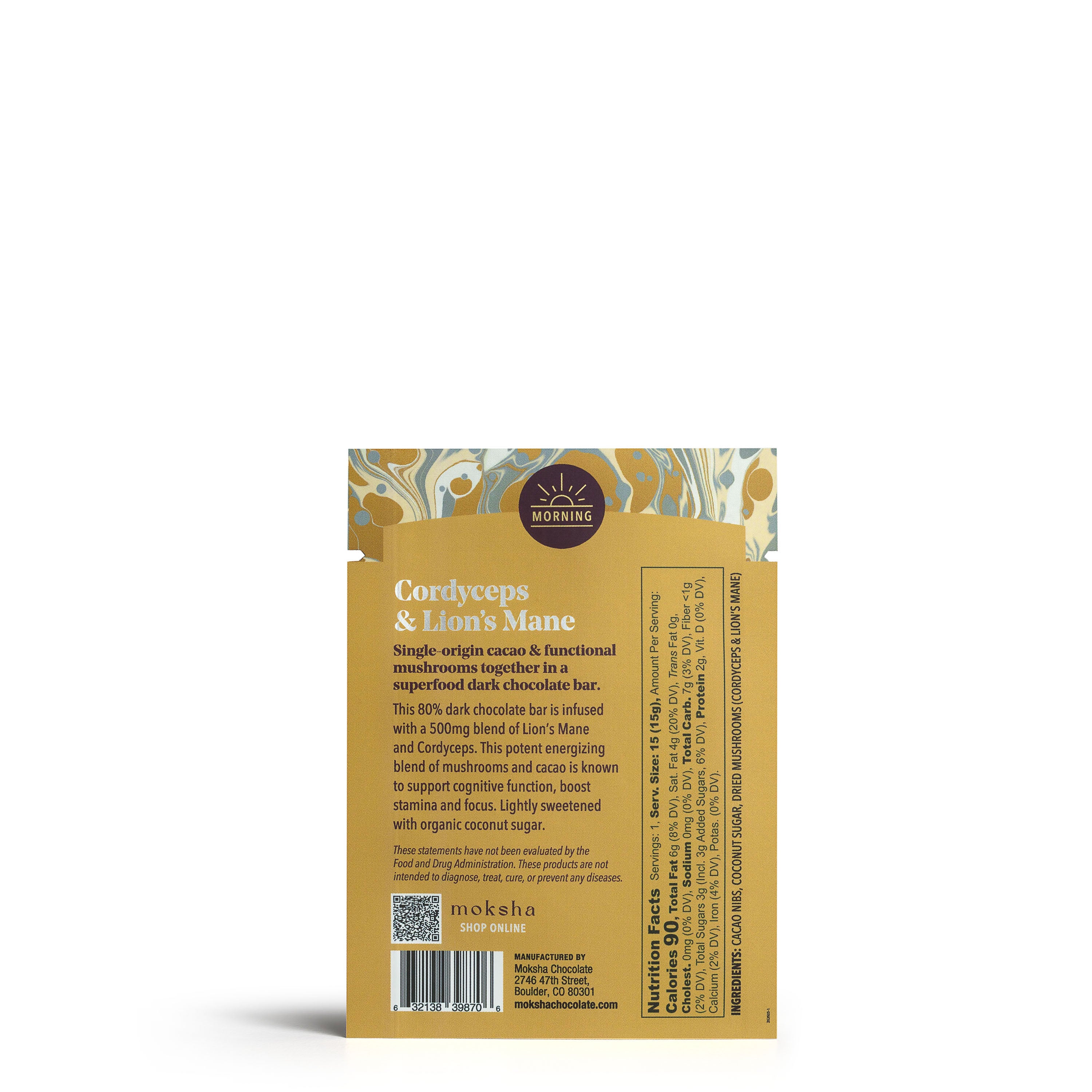 Back of Moksha Chocolate Morning Cordyceps & Lion's Mane 80% Dark Vegan Chocolate Bar package in gold with marbled design, displaying product description, nutritional facts, ingredients, and manufacturer information emphasizing functional mushrooms and organic ingredients.