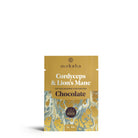 Moksha Chocolate Morning Cordyceps & Lion's Mane 80% Dark Vegan Chocolate Bar in gold packaging with marbled design, labeled as functional mushroom chocolate for morning use, weighing 15g or 0.5oz.