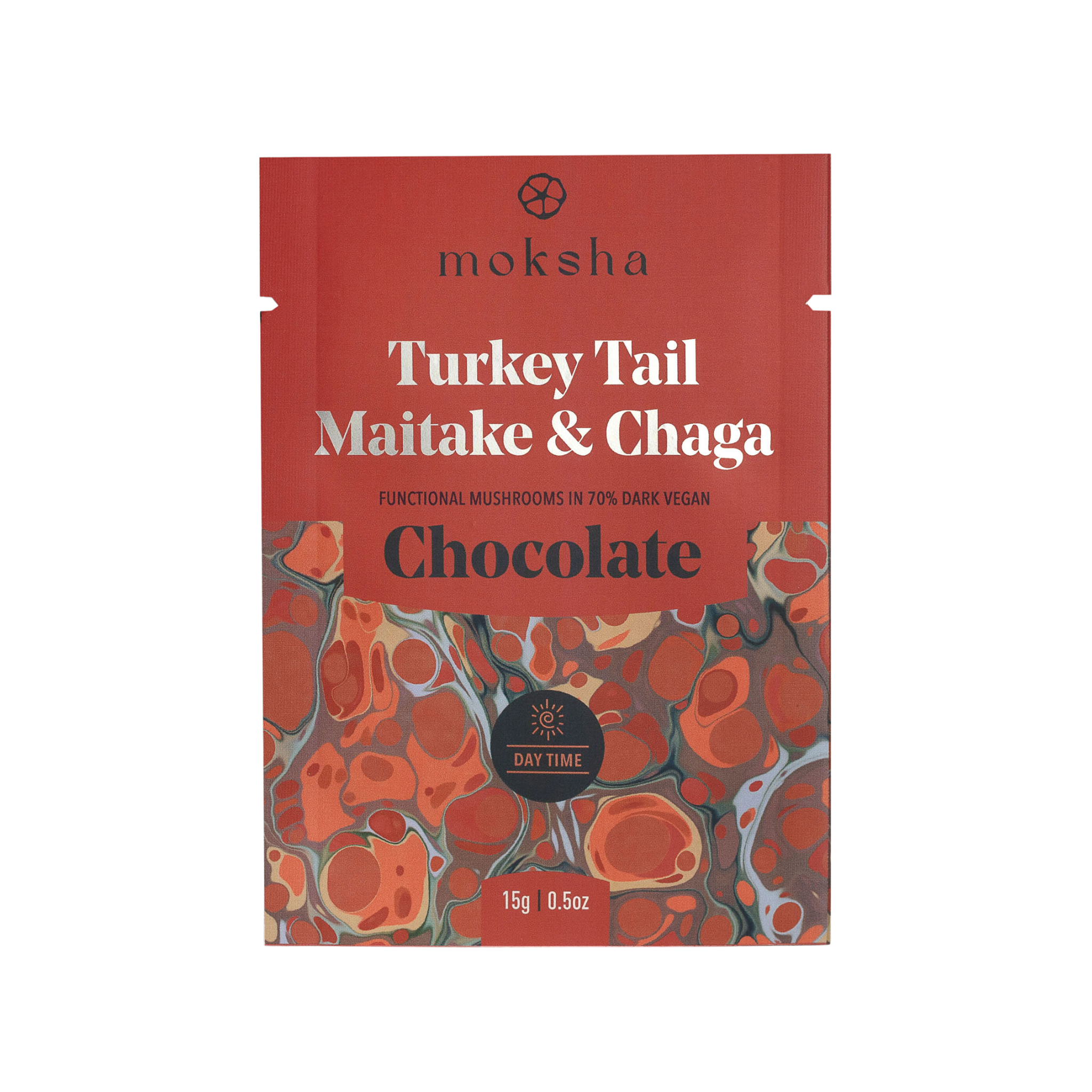 Moksha Turkey Tail, Maitake & Chaga Chocolate packaging. The red and marbled design highlights its functional mushroom blend in 70% dark vegan chocolate, labeled for 'Daytime' use.