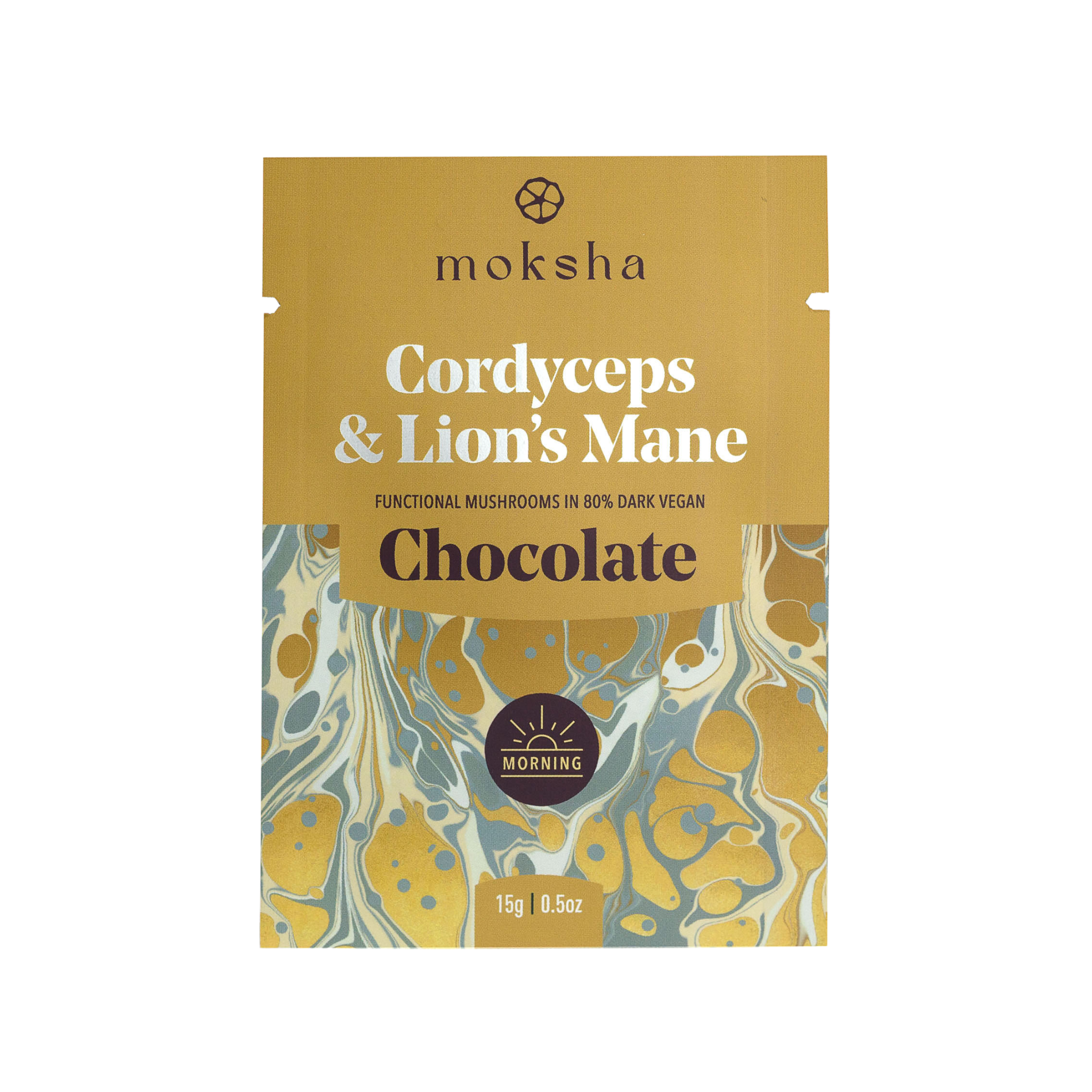 Moksha Cordyceps & Lion’s Mane Chocolate packaging. The gold and marbled design features text indicating it contains functional mushrooms in 80% dark vegan chocolate, labeled for Morning use.