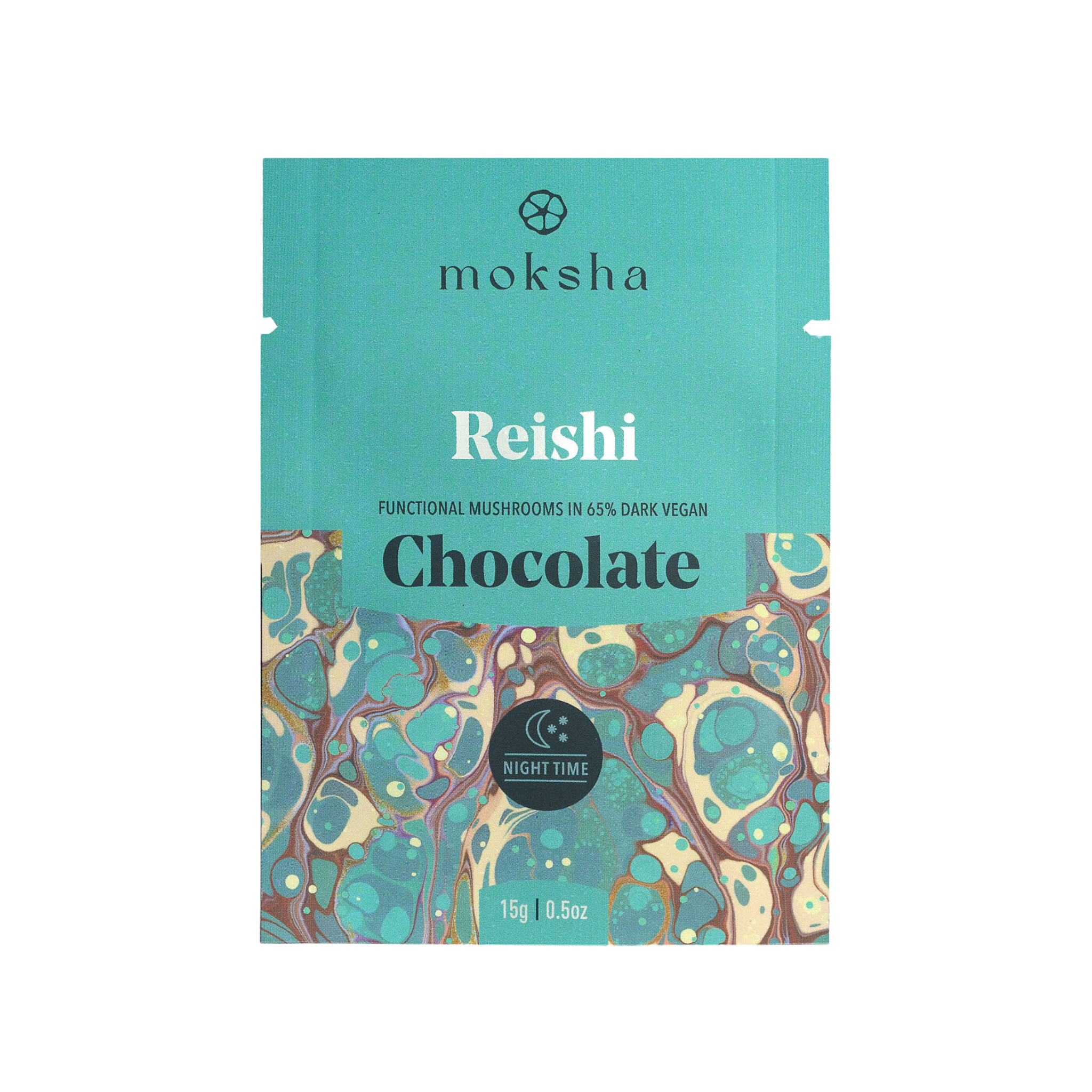 Moksha Reishi Chocolate packaging. The teal and marbled design indicates it contains functional mushrooms in 65% dark vegan chocolate, labeled for Nighttime relaxation.