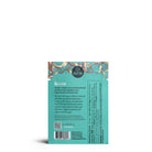 Back of Moksha Chocolate Small Nighttime Reishi 65% Dark Vegan Chocolate Bar package in teal with marbled design, showing product description, ingredients, nutritional facts, and manufacturer information emphasizing reishi mushrooms and organic ingredients.