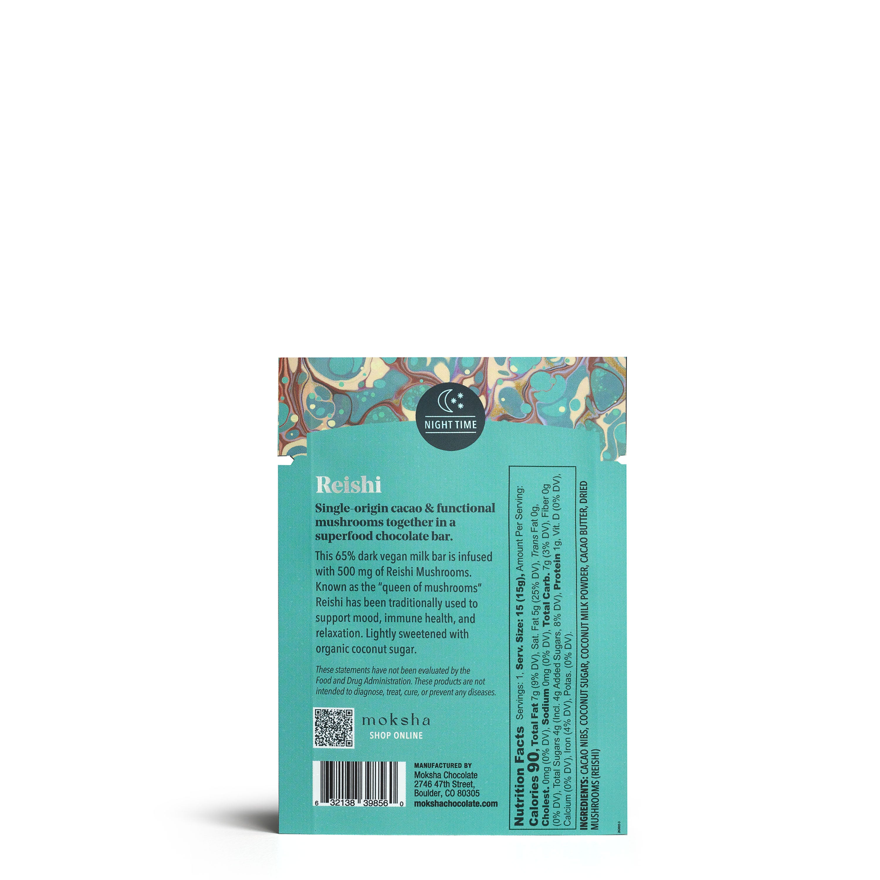 Back of Moksha Chocolate Small Nighttime Reishi 65% Dark Vegan Chocolate Bar package in teal with marbled design, showing product description, ingredients, nutritional facts, and manufacturer information emphasizing reishi mushrooms and organic ingredients.