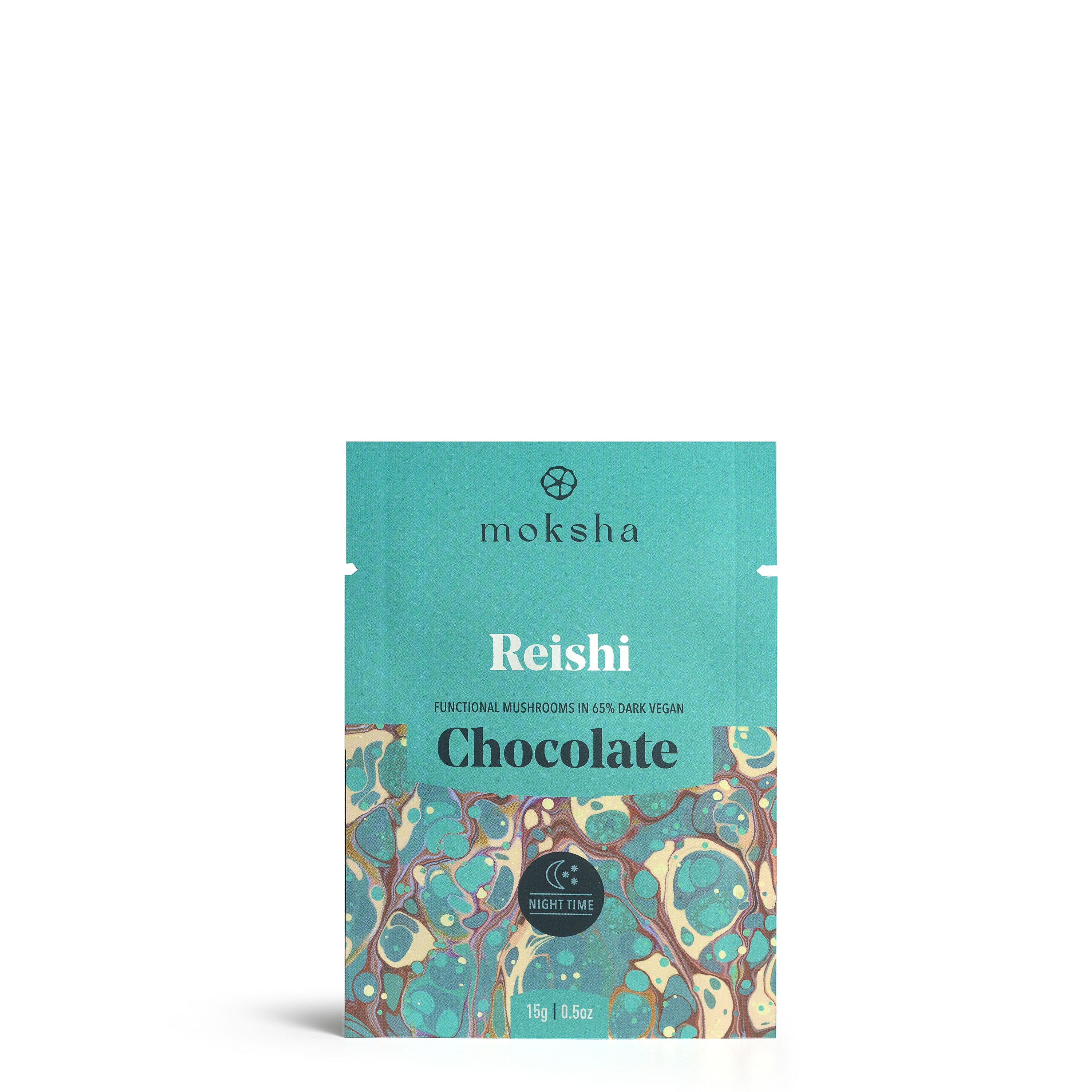 Moksha Chocolate Small Nighttime Reishi 65% Dark Vegan Chocolate Bar in teal packaging with marbled design, labeled as functional mushroom chocolate for nighttime use, weighing 15g or 0.5oz.