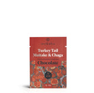 Moksha Chocolate Daytime Turkey Tail, Maitake & Chaga 70% Dark Vegan Chocolate Bar in red packaging with marbled design, labeled as functional mushroom chocolate for daytime use, weighing 15g or 0.5oz.