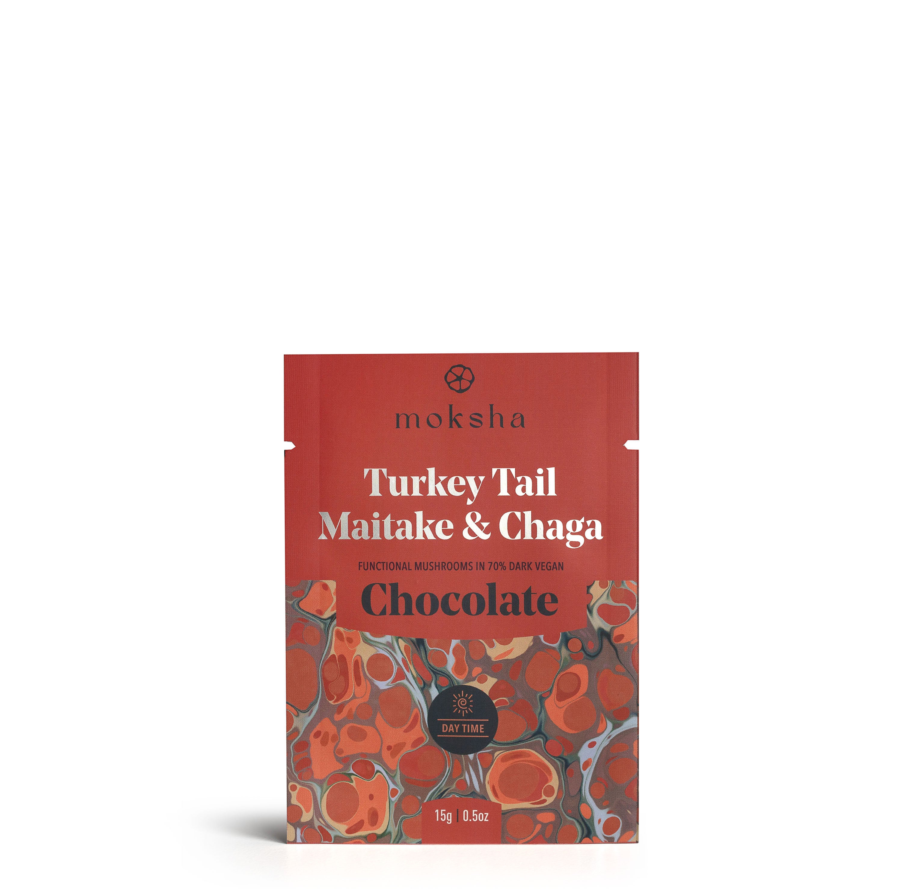 Moksha Chocolate Daytime Turkey Tail, Maitake & Chaga 70% Dark Vegan Chocolate Bar in red packaging with marbled design, labeled as functional mushroom chocolate for daytime use, weighing 15g or 0.5oz.